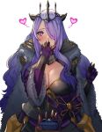  1girl alternate_costume armor armored_dress bangs black_dress blush breasts brown_gloves camilla_(fire_emblem) cape cleavage commentary commission covered_mouth covering_mouth crown dress english_commentary fire_emblem fire_emblem_fates fire_emblem_heroes fur-trimmed_cape fur_trim gauntlets gloves hair_ornament hair_over_one_eye hand_on_own_face hand_over_own_mouth heart heart-shaped_pupils highres holding horn_ornament horns jewelry large_breasts long_hair long_sleeves looking_at_viewer nyahpa20 official_alternate_costume pov proposal purple_eyes purple_hair ring simple_background symbol-shaped_pupils tiara very_long_hair wavy_hair wedding_ring white_background wide_sleeves 