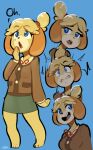  2019 animal_crossing anthro biped bottomwear breasts canid canine clothing dialogue female hair half-closed_eyes hi_res isabelle_(animal_crossing) mammal narrowed_eyes nintendo open_mouth simple_background skirt smile solo spikedmauler sweater topwear video_games 