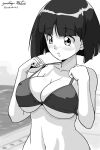  1girl :o adjusting_clothes adjusting_swimsuit artist_name bangs bikini blunt_bangs blunt_ends blush bob_cut breasts cleavage commentary eyebrows_visible_through_hair girls_und_panzer gotou_moyoko greyscale halterneck large_breasts matsui_yasutsugu medium_hair monochrome navel parted_lips short_hair signature solo swimsuit upper_body 