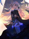  +_+ 1girl absurdres an_ge_li_ya_si another_project bird black_gloves blue_eyes blue_skirt breasts cape chinese_commentary fingerless_gloves floating_hair flying gloves highres looking_down medium_breasts open_hand rola_(vtuber) second-party_source silver_hair skirt solo virtual_youtuber 