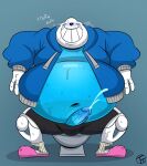  2021 alternate_version_at_source animated_skeleton anterior_nasal_aperture belly big_belly blue_background blue_body blue_clothing blue_glans blue_hoodie blue_penis blue_topwear blush bodily_fluids bone bottomwear breath bulge clothing cum cumshot ejaculation erection genital_fluids genitals glans glistening glistening_body glistening_genitalia glistening_glans glistening_penis grin hi_res hoodie humanoid humanoid_genitalia humanoid_penis looking_at_viewer male navel not_furry orgasm overweight overweight_humanoid overweight_male panting penis sans_(undertale) shorts simple_background sitting skeleton smile solo spread_legs spreading sweat teeth text toilet toony topwear trashtoonz undead undertale video_games white_body 