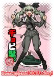  1girl :d anchovy_(girls_und_panzer) anzio_military_uniform bangs belt black_neckwear black_ribbon boots candle capelet carro_armato_p40 character_name closed_eyes commentary_request drill_hair eyebrows_visible_through_hair fork girls_und_panzer green_hair grey_pants ground_vehicle hair_ribbon happy_birthday highres holding holding_fork holding_knife italian_text knee_boots knife long_hair looking_at_viewer military military_vehicle motor_vehicle necktie oosaka_kanagawa open_mouth pants plate red_eyes ribbon sam_browne_belt smile solo standing tank translated twin_drills twintails white_capelet 