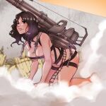  1girl all_fours black_hair blue_eyes blush breast_strap breasts cannon cart_titan cleavage commentary_request giant giantess highres large_breasts long_hair memento_mori_(appler7) naked_ribbon pieck ribbon rope_ladder shingeki_no_kyojin smoke solo wall 