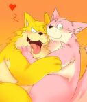  &lt;3 2006 anthro blush bodily_fluids canid canine canis domestic_dog duo fur green_eyes hug humanoid_hands low_res mammal one_eye_closed pink_body pink_fur shirokumaou simple_background slightly_chubby sweat wink 