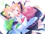  2girls blue_archive cat_ear_headphones cat_tail cheek-to-cheek green_eyes hair_ribbon halo headphones highres holding_hands jacket looking_at_viewer midori_(blue_archive) momoi_(blue_archive) multiple_girls red_eyes ribbon school_uniform shi0n_krbn siblings smile tail thighhighs twins white_background 