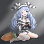  1girl animal_ears bangs bare_shoulders barefoot blue_hair blush breasts bunny_ears carrot_pillow chain closed_eyes commentary controller cuffs eyebrows_visible_through_hair felutiahime gradient gradient_background grey_background hat highres holding holding_controller hololive long_hair long_sleeves off_shoulder open_mouth pin prison_clothes shackles shirt sitting small_breasts solo striped striped_headwear striped_shirt tears usada_pekora very_long_hair virtual_youtuber wariza 