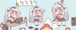  3girls aisha_(last_origin) blush_stickers chibi computer diyap fire fire_extinguisher grey_hair keyboard_(computer) last_origin multiple_girls multiple_persona purple_eyes simple_background skirt sweatdrop twinkle_eye 