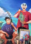  2boys :d ^_^ animal bangs black_eyes black_footwear black_hair black_pants black_shorts blue_shirt cellphone closed_eyes cloud day ear_piercing eyewear_on_head feet_out_of_frame fish fishing_rod full_body getou_suguru gojou_satoru grin hair_between_eyes hair_bun hair_pulled_back highres holding holding_animal holding_fish holding_fishing_rod holding_phone jujutsu_kaisen looking_at_another male_focus multiple_boys ocean one_eye_closed open_mouth outdoors pants phone piercing r3511 red_shirt round_eyewear sandals shirt short_hair short_sleeves shorts smile squatting standing sunglasses white_hair 