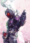  1boy antennae armor belt electricity from_side full_armor gaia_memory helmet hungry_clicker kamen_rider kamen_rider_double kamen_rider_w looking_down outstretched_arm pointing pointing_at_viewer scarf solo upper_body 