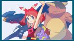  1girl absurdres arm_up bangs bare_arms border bow_hairband brown_hair clenched_hands closed_mouth commentary eyelashes fanny_pack film_grain garchomp gen_1_pokemon gen_4_pokemon grey_eyes hairband highres kangaskhan looking_at_viewer may_(pokemon) pokemon pokemon_(creature) pokemon_(game) pokemon_oras saiku_(zvlku) simple_background sleeveless smile upper_body white_background 