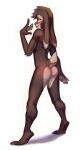  5_fingers andromorph anthro arm_tuft beavertyan blush body_blush brown_body brown_fur butt elbow_tufts extended_arm fingers fur hair head_tuft hi_res intersex lagomorph leporid long_ears looking_at_viewer looking_back male mammal rabbit raised_heel raised_tail rear_view solo tuft 