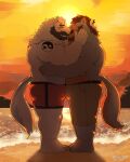  2021 absurd_res anthro beach blush bulge canid canine canis claws clothing duo feet hi_res hug humanoid_hands hybrid jumperbear kemono kissing male male/male mammal outside overweight overweight_male seaside toe_claws toes underwear ursid water wolf 