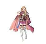  1girl absurdres armor arrow_(projectile) asymmetrical_gloves bangs belt blonde_hair boots braid cape commentary_request elbow_gloves fire_emblem fire_emblem:_the_blazing_blade fire_emblem_heroes full_body gloves highres long_hair looking_at_viewer louise_(fire_emblem) official_art open_mouth purple_eyes purple_legwear quiver ran&#039;ou_(tamago_no_kimi) shiny shiny_hair shoulder_armor skirt sleeveless smile solo standing thigh_boots thighhighs tied_hair white_background white_footwear zettai_ryouiki 