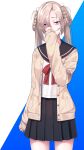  1girl absurdres blonde_hair braid covering_mouth eyebrows_visible_through_hair highres light_smile looking_at_viewer nishinomiya_suzu scar scar_on_face school_uniform solo standing stitched_face sweater twintails urasekai_picnic urumi_luna 