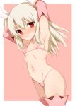  1girl armpits arms_behind_head bare_shoulders bikini blush boots breasts elbow_gloves fate/kaleid_liner_prisma_illya fate_(series) feathers gloves hair_between_eyes hair_feathers illyasviel_von_einzbern layered_gloves long_hair looking_at_viewer micro_bikini navel pink_bikini pink_footwear pink_gloves prisma_illya red_eyes sidelocks small_breasts swimsuit thigh_boots thighhighs toshishikisai two_side_up white_gloves white_hair yellow_background 