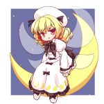  1girl bangs black_bow black_neckwear blonde_hair border bow bowtie dress drill_locks eyebrows_visible_through_hair fairy_wings full_body isu_(is88) juliet_sleeves long_sleeves looking_at_viewer luna_child medium_hair moon_phases multiple_bows night night_sky open_mouth puffy_sleeves sitting_on_moon sky solo touhou v-shaped_eyebrows white_border white_dress white_footwear white_headwear wings yellow_eyes 