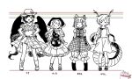  4girls :d antlers arms_at_sides artist_self-insert bandana bangs biyon blunt_bangs blush_stickers boots bow character_name closed_mouth cowboy_hat dot_mouth double_bun dragon_tail dress expressionless feathered_wings frilled_sleeves frills full_body greyscale hair_behind_ear hands_on_hips haniyasushin_keiki hat hatching_(texture) head_scarf height_chart joutouguu_mayumi kicchou_yachie knee_boots kurokoma_saki legs_apart linear_hatching lineup long_hair looking_at_viewer medium_skirt monochrome multiple_girls no_nose off-shoulder_shirt off_shoulder open_mouth pants parted_bangs plaid plaid_shirt pleated_dress pleated_skirt puffy_pants puffy_short_sleeves puffy_sleeves shirt short_hair short_sleeves simple_background single_strap skirt smile smock solid_circle_eyes spot_color swept_bangs tail touhou v-shaped_eyebrows vambraces very_long_hair white_background wily_beast_and_weakest_creature wings wrists_extended 