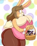  2021 5_fingers absurd_res alternate_species anthro basket belly big_breasts blue_eyes breasts brown_hair buckteeth clothed clothing female fingers hair hi_res holding_object huge_breasts jinu june_(jinu) lagomorph leporid mammal rabbit solo teeth thick_thighs whiskers 