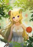  1girl :d absurdres ahoge animal_ears bangs bare_arms bare_shoulders blonde_hair blush breasts dress eyebrows_visible_through_hair food fruit hair_ornament highres holding holding_food holding_fruit hololive horns incoming_food long_hair looking_at_viewer medium_breasts open_mouth outstretched_arm plant purple_eyes round_teeth sheep_ears sheep_girl sheep_horns shyi sleeveless sleeveless_dress smile solo teeth tsunomaki_watame upper_body upper_teeth very_long_hair virtual_youtuber white_dress 