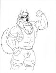  absurd_res anthro body_hair bottomwear canid canine canis chest_hair clothing eyebrows fan_character gloves handwear hi_res hybrid male mammal muscular muscular_male nipples shorts solo sybervenn thick_eyebrows tight_clothing traditional_media_(artwork) wolf 