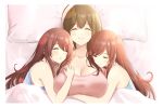  ahoge alstroemeria_(idolmaster) asarime bangs bare_shoulders bed bed_sheet blush breasts brown_hair cleavage closed_eyes closed_mouth collarbone eyebrows_visible_through_hair from_above hug idolmaster idolmaster_shiny_colors kuwayama_chiyuki large_breasts long_hair lying on_back on_bed on_side oosaki_amana oosaki_tenka open_mouth pillow red_hair siblings sisters sleeping smile swept_bangs tank_top twins 