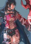  1girl 2019 bandaged_arm bandages bangs belt black_cape black_choker black_hair blue_background breasts cape center_opening choker claws closed_mouth commentary garmmy long_hair navel shorts solo tales_of_(series) tales_of_berseria thighhighs torn_cape torn_clothes torn_legwear torn_shorts underboob velvet_crowe yellow_eyes 