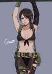  1girl arms_up black_gloves black_panties blue_eyes breasts brown_hair character_name front-tie_top gloves green_gloves highres large_breasts lips metal_gear_(series) metal_gear_solid_v mismatched_gloves navel noriuma panties pantyhose ponytail quiet_(metal_gear) solo torn_clothes torn_legwear underwear 