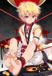  1boy absurdres bare_legs barefoot blonde_hair bound bound_arms child child_gilgamesh_(fate) closed_mouth commentary fate/grand_order fate_(series) feet gilgamesh_(fate) highres looking_at_viewer male_focus ribbon shorts sora_(zwz030) 