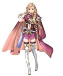  1girl armor arrow_(projectile) asymmetrical_gloves bangs belt blonde_hair boots braid cape elbow_gloves fire_emblem fire_emblem:_the_blazing_blade fire_emblem_heroes full_body gloves highres long_hair looking_at_viewer louise_(fire_emblem) official_art open_mouth purple_eyes purple_legwear quiver ran&#039;ou_(tamago_no_kimi) shiny shiny_hair shoulder_armor skirt sleeveless smile solo standing thigh_boots thighhighs tied_hair transparent_background white_footwear zettai_ryouiki 