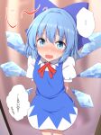  ... 1girl arms_behind_back blue_bow blue_dress blue_eyes blue_hair blush bow cirno dress fang hair_bow highres ice ice_wings looking_at_viewer open_mouth red_neckwear red_ribbon ribbon short_hair short_sleeves skin_fang solo speech_bubble spoken_ellipsis standing teoi_(good_chaos) touhou translation_request wings 