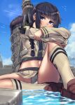  1girl bangs beige_serafuku beige_skirt black_hair blue_sky blunt_bangs braid brown_footwear cloud commentary_request day hair_over_shoulder hair_ribbon highres kantai_collection kitakami_(kancolle) kneehighs loafers long_hair machinery midriff outdoors panties pleated_skirt remodel_(kantai_collection) ribbon school_uniform serafuku shoes sidelocks single_braid sitting skirt sky smokestack solo tress_ribbon underwear white_legwear white_panties zombie_mogura 