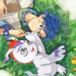  1boy black_eyes blue_hair blush digimon digimon_(creature) digimon_adventure: eye_contact get3 glasses gomamon green_eyes hand_up highres kido_jou leaf looking_at_another lying male_focus on_back open_mouth outdoors short_hair watch wristwatch 