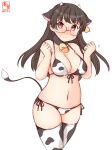  1girl alternate_costume animal_ears animal_print artist_logo bell bikini black_hair breasts choukai_(kancolle) cleavage closed_eyes commentary_request cow_ears cow_horns cow_print cow_tail cowbell cowboy_shot dated ear_tag front-tie_top glasses highres horns kanon_(kurogane_knights) kantai_collection large_breasts long_hair looking_at_viewer one-hour_drawing_challenge red_eyes rimless_eyewear side-tie_bikini simple_background solo swimsuit tail thighhighs white_background white_bikini white_legwear 