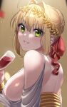  1girl ahoge alcohol back bangs bare_shoulders blonde_hair blush braid breasts close-up cup dress drinking_glass fate/extra fate_(series) french_braid green_eyes hair_between_eyes hair_bun hair_intakes hair_ribbon highres large_breasts laurel_crown long_hair looking_at_viewer looking_back nero_claudius_(fate) nero_claudius_(fate)_(all) parted_lips red_ribbon ribbon sideboob smile white_dress wine wine_glass yayoi_maka 