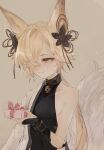  1boy animal_ears backless_outfit blonde_hair box brown_eyes collar erune fox_boy fox_ears fox_tail gift granblue_fantasy hair_ornament hair_over_one_eye kou_(granblue_fantasy) large_tail long_hair male_focus solo tail wataichi_meko 