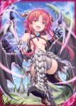  &gt;:p 1girl akkijin aura blue_sky breasts claws demon_girl demon_horns demon_wings dragon_tail elbow_gloves gem gloves horns medium_hair mountain official_art orange_eyes outdoors red_hair shinkai_no_valkyrie sky small_breasts tail thighhighs wings 