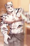 1boy abs absurdres animal_ears arknights bara bare_pecs blush eyebrow_cut feet_out_of_frame furry highres huge_filesize kepler_(1825073996) large_pectorals looking_at_viewer male_focus mountain_(arknights) muscular muscular_male naked_towel navel nipples sauna scar scar_across_eye scar_on_arm scar_on_chest short_hair solo steam stomach tail tiger_boy tiger_ears tiger_tail towel undressing white_fur white_hair 