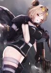  1girl :d artist_name bare_shoulders black_dress black_gloves black_jacket black_legwear blush breasts brown-tinted_eyewear brown_hair bullpup commentary_request commission covered_navel double_bun dress eyewear_on_head girls_frontline gloves gun hand_up highres holding holding_gun holding_weapon jacket jacket_on_shoulders large_breasts looking_at_viewer nekoya_(liu) object_namesake open_mouth p90 p90_(girls_frontline) panties partially_fingerless_gloves red_eyes signature smile solo strapless strapless_dress submachine_gun sunglasses thighhighs underwear weapon white_panties 