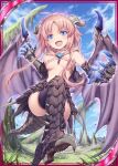 &gt;:p 1girl akkijin aura blue_eyes blue_sky breasts claws demon_girl demon_horns demon_wings dragon_tail elbow_gloves gem gloves horns medium_hair mountain official_art outdoors pink_hair shinkai_no_valkyrie sky small_breasts tail thighhighs wings 