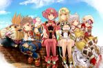  4girls animal_ears azurda_(xenoblade) bangs bare_legs black_gloves blonde_hair blunt_bangs breasts brick_wall brown_footwear bubble_tea cat_ears chest_jewel cleavage cleavage_cutout clothing_cutout day dress drinking_straw dromarch_(xenoblade) earrings facial_mark fingerless_gloves full_body gloves goggles goggles_on_head hat highres jewelry large_breasts long_hair multiple_girls mythra_(xenoblade) nia_(xenoblade) nopon orange_eyes outdoors poppi_(xenoblade) poppi_alpha_(xenoblade) purple_hair pyra_(xenoblade) red_eyes red_footwear red_hair red_legwear red_shorts rex_(xenoblade) shiroxai short_hair short_shorts shorts silver_hair sitting_on_wall small_breasts swept_bangs thighhighs tiara tora_(xenoblade_2) twintails very_long_hair white_dress white_footwear white_gloves xenoblade_chronicles_(series) xenoblade_chronicles_2 yellow_eyes 