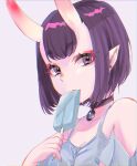  1girl bangs bare_shoulders bob_cut breasts choker collarbone eating eyeliner fate/grand_order fate_(series) food grey_camisole highres horns jewelry looking_at_viewer makeup oni oni_horns pendant pointy_ears popsicle purple_eyes purple_hair sasabe_opika short_hair shuten_douji_(fate) skin-covered_horns small_breasts 