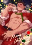  1boy abs absurdres ahr_studio bara bare_pecs blush bulge christmas cowboy_shot facial_hair from_below fur-trimmed_jacket fur_trim highres jacket large_pectorals looking_at_viewer male_focus mature_male merry_christmas muscular muscular_male navel navel_hair necktie necktie_removed nipples open_clothes open_jacket original pants red_jacket red_pants santa_costume short_hair sideburns sleeves_rolled_up solo stomach stubble thick_thighs thighs 
