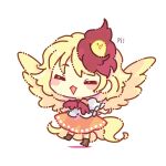  1girl =_= ^_^ ^o^ animal_on_head bangs bird bird_on_head biyon blonde_hair blush_stickers brown_footwear chibi chick closed_eyes facing_viewer feathered_wings frilled_sleeves frills full_body lowres niwatari_kutaka no_nose on_head onomatopoeia puffy_sleeves red_neckwear short_hair simple_background solo touhou white_background wings yellow_wings 