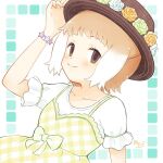  1girl blush brown_eyes collarbone commentary_request dress eyebrows_visible_through_hair gekka_0226 hand_on_headwear hat hat_feather japanese_otter_(kemono_friends) kemono_friends kemono_friends_3 light_brown_hair looking_at_viewer multicolored_hair official_alternate_costume otter_girl plaid plaid_dress shirt short_hair short_sleeves smile solo two-tone_hair white_hair white_shirt yellow_dress 