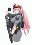  1girl absurdres arm_tattoo black_gloves breasts girls_frontline gloves gun hair_ornament hairclip highres large_breasts long_hair looking_at_viewer mole mole_under_eye open_mouth pink_hair police police_badge police_uniform ponytail red_eyes sig_mcx_(girls_frontline) simple_background tactical_clothes tattoo uniform weapon yitiao_er-hua 