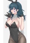  1girl absurdres animal_ears artist_name bangs bare_arms bare_shoulders biting black_gloves black_hairband black_leotard blue_eyes blue_hair breasts bunny_ears bunny_tail byleth_(fire_emblem) byleth_(fire_emblem)_(female) cleavage commentary_request covered_navel cowboy_shot facial_mark fake_animal_ears fake_tail fire_emblem fire_emblem:_three_houses glove_biting gloves groin hair_between_eyes hairband hands_up highres large_breasts leotard long_hair looking_at_viewer mouth_hold pantyhose playboy_bunny shimizu_akina solo strapless strapless_leotard tail twitter_username 