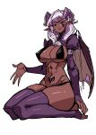  1girl absurdres bikini black_bikini breasts cleavage dark_skin dark_skinned_female facial_mark ga320aaa grin highres horns large_breasts long_hair looking_at_viewer navel original pointy_ears pubic_tattoo puffy_sleeves purple_hair purple_legwear red_eyes seiza simple_background sitting sketch smile solo swimsuit tattoo thighhighs white_background wings 