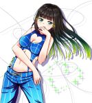  1girl cleavage_cutout clothing_cutout cosplay cowboy_shot green_eyes hand_on_own_face heart heart_cutout highlights highres jojo_no_kimyou_na_bouken kujo_jolyne kujo_jolyne_(cosplay) kurosawa_dia linatai love_live! love_live!_sunshine!! multicolored_hair pants stone_ocean twitter_username two-tone_hair 