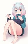  1girl absurdres ass bangs bare_legs barefoot bitseon blush bow closed_mouth commentary_request convenient_leg drawing_tablet eromanga_sensei full_body green_jacket grey_hair hair_bow highres holding holding_pen izumi_sagiri jacket long_hair long_sleeves looking_at_viewer low_twintails pen pink_bow sitting solo stylus twintails 