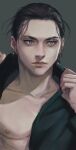  1boy bare_pecs brown_hair closed_mouth collarbone dressing eren_yeager expressionless green_background green_eyes green_jacket hair_slicked_back hands_up highres jacket looking_to_the_side male_focus nipples open_clothes open_jacket otakumi_(user_krmf7787) pectorals shingeki_no_kyojin simple_background solo toned toned_male tsurime upper_body 